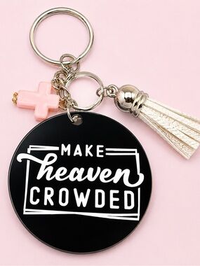 Inspirational Black Acrylic Keychain with White Tassel and Pink Cross Charm